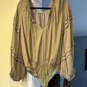 Free People Olive Green V-Neck Long Sleeve Bodysuit Size M